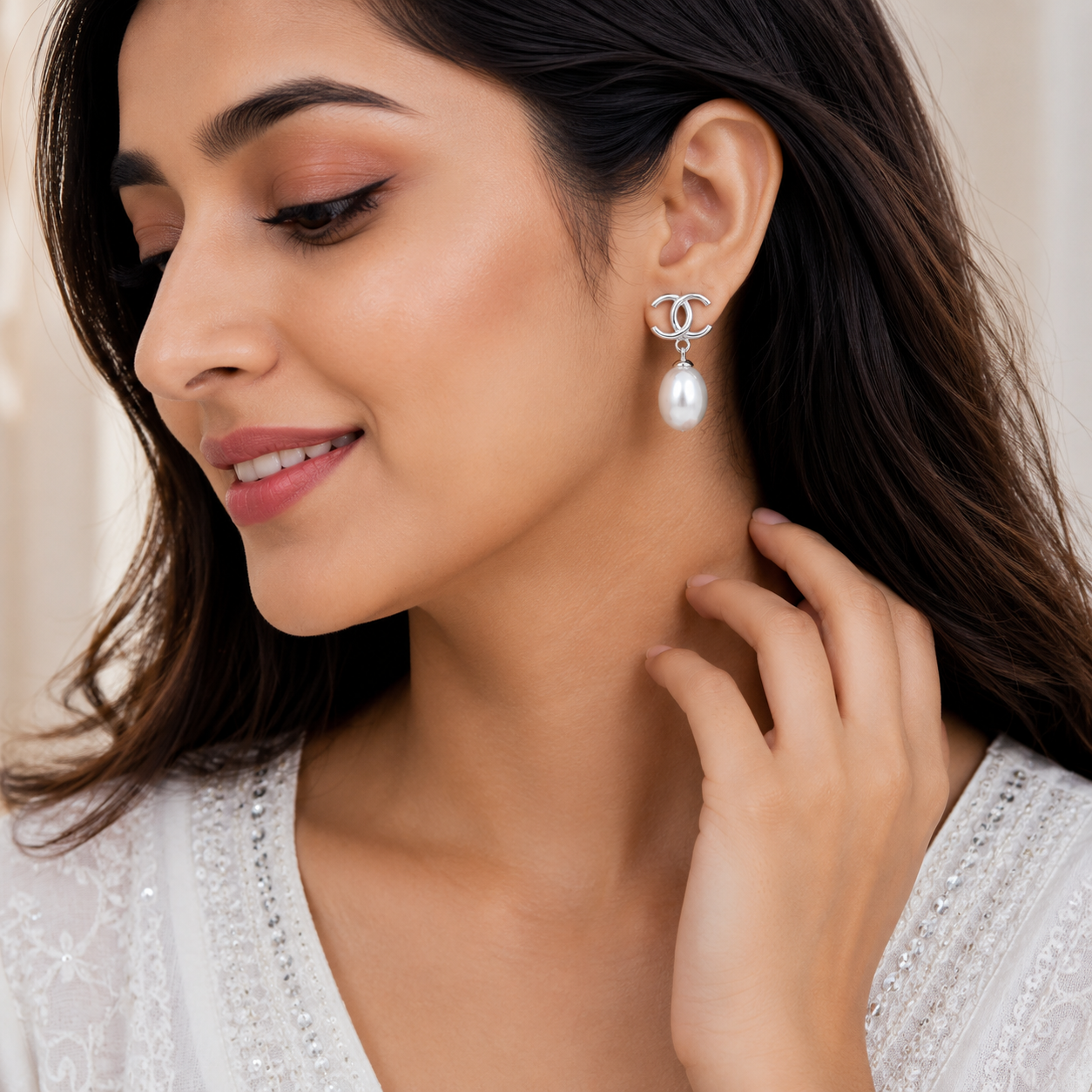 Chanel-Inspired Silver Double C Pearl Drop Earrings